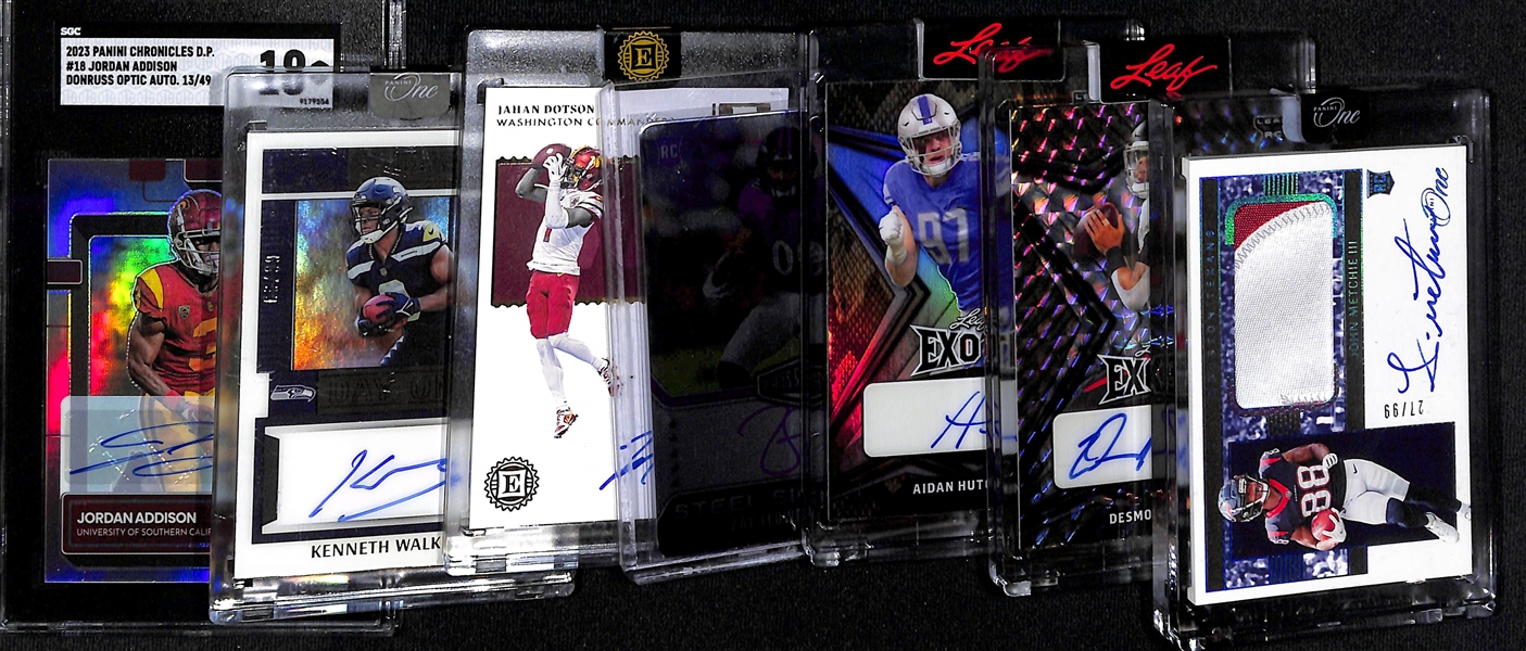 (7) Football Rookie Autograph Cards inc. 2023 Chronicles Draft Picks Optic Jordan Addison (SGC 10) (#/49), 2022 Panini One Kenneth Walker (#/99), 2022 Encased Jahan Dotson (#/25),+